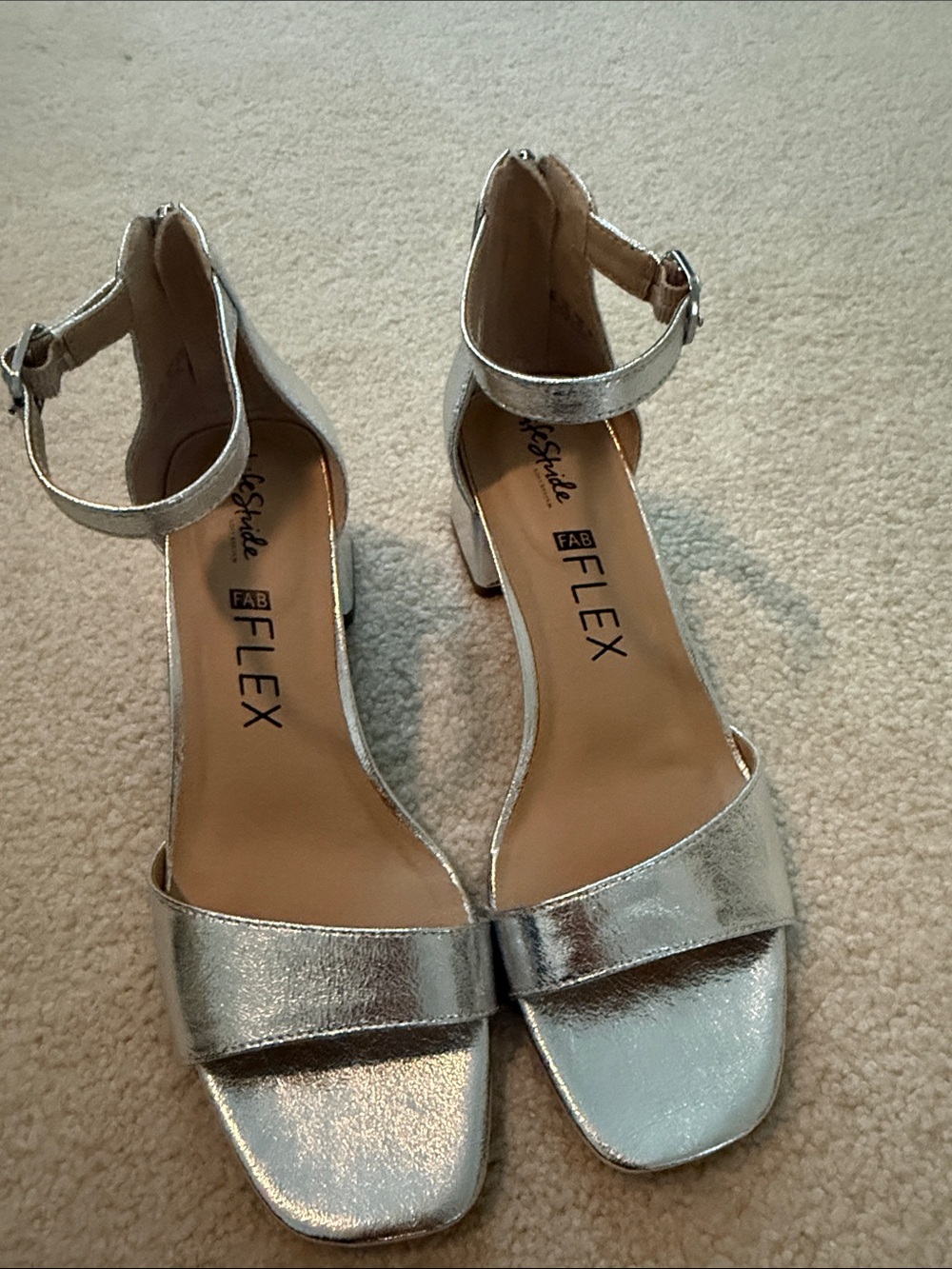 Life Stride Silver Ankle-Strap Block Heels
